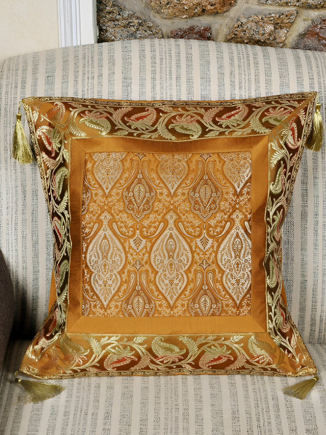 

Lal Haveli Gold Toned Ethnic Motifs Square Cushion Cover