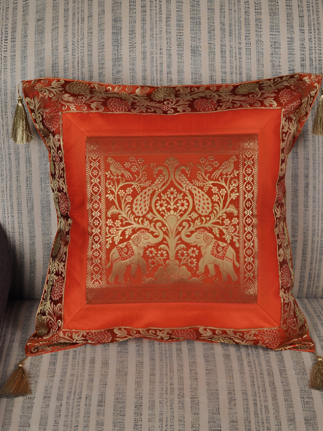 Lal Haveli Orange Ethnic Motifs Silk Square Cushion Cover