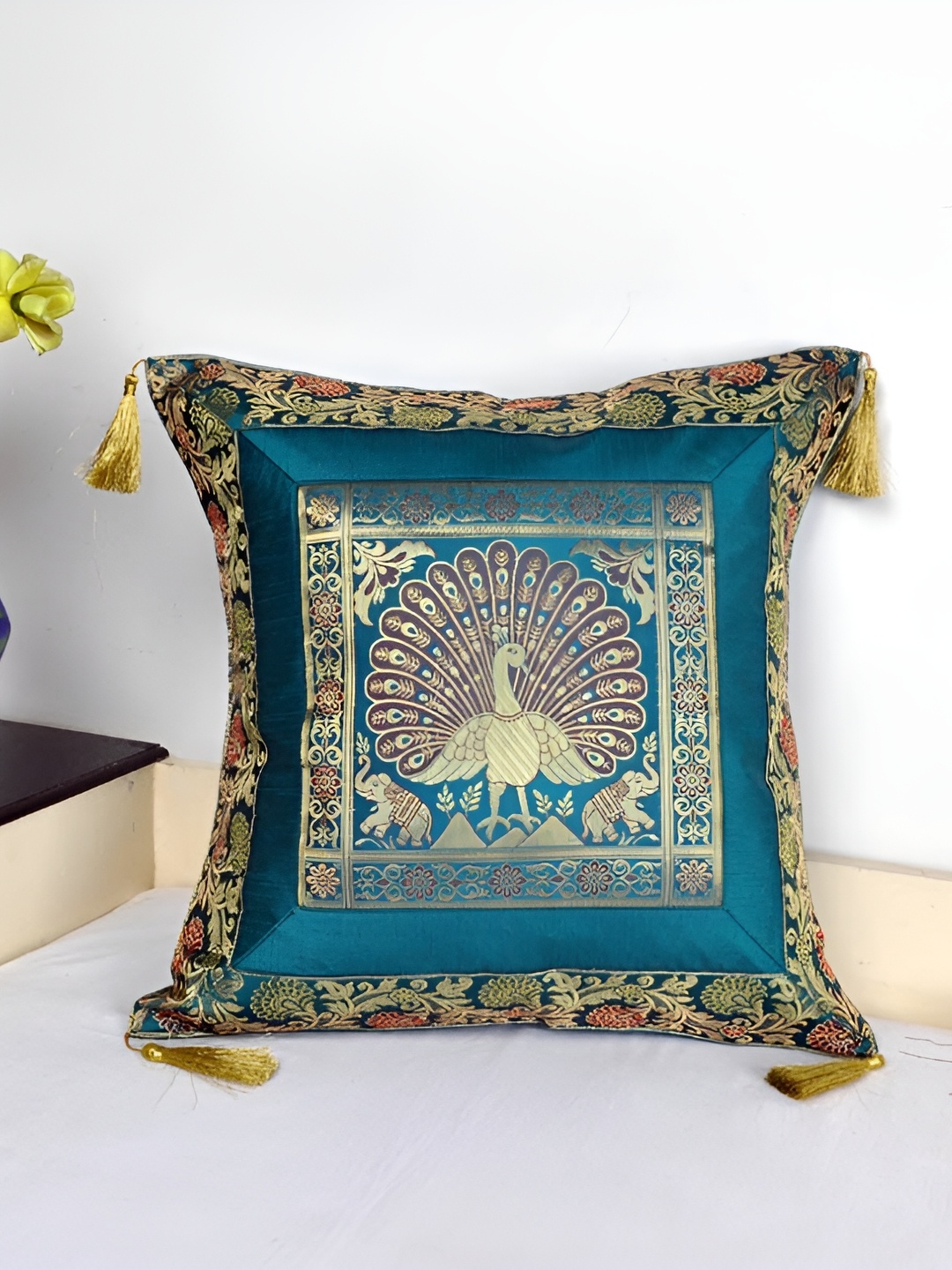 

Lal Haveli Green Ethnic Motifs Silk Square Cushion Cover