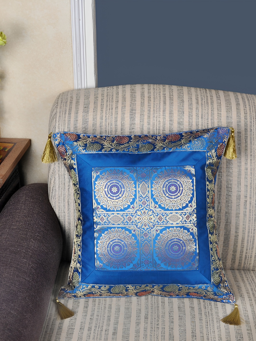 

Lal Haveli Turquoise Blue & Gold Toned Ethnic Motifs Square Cushion Cover