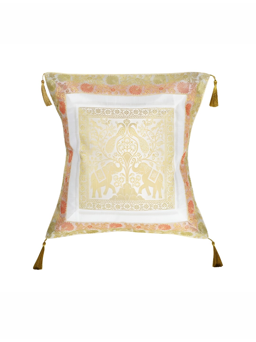 Lal Haveli White Ethnic Motifs Silk Square Cushion Cover