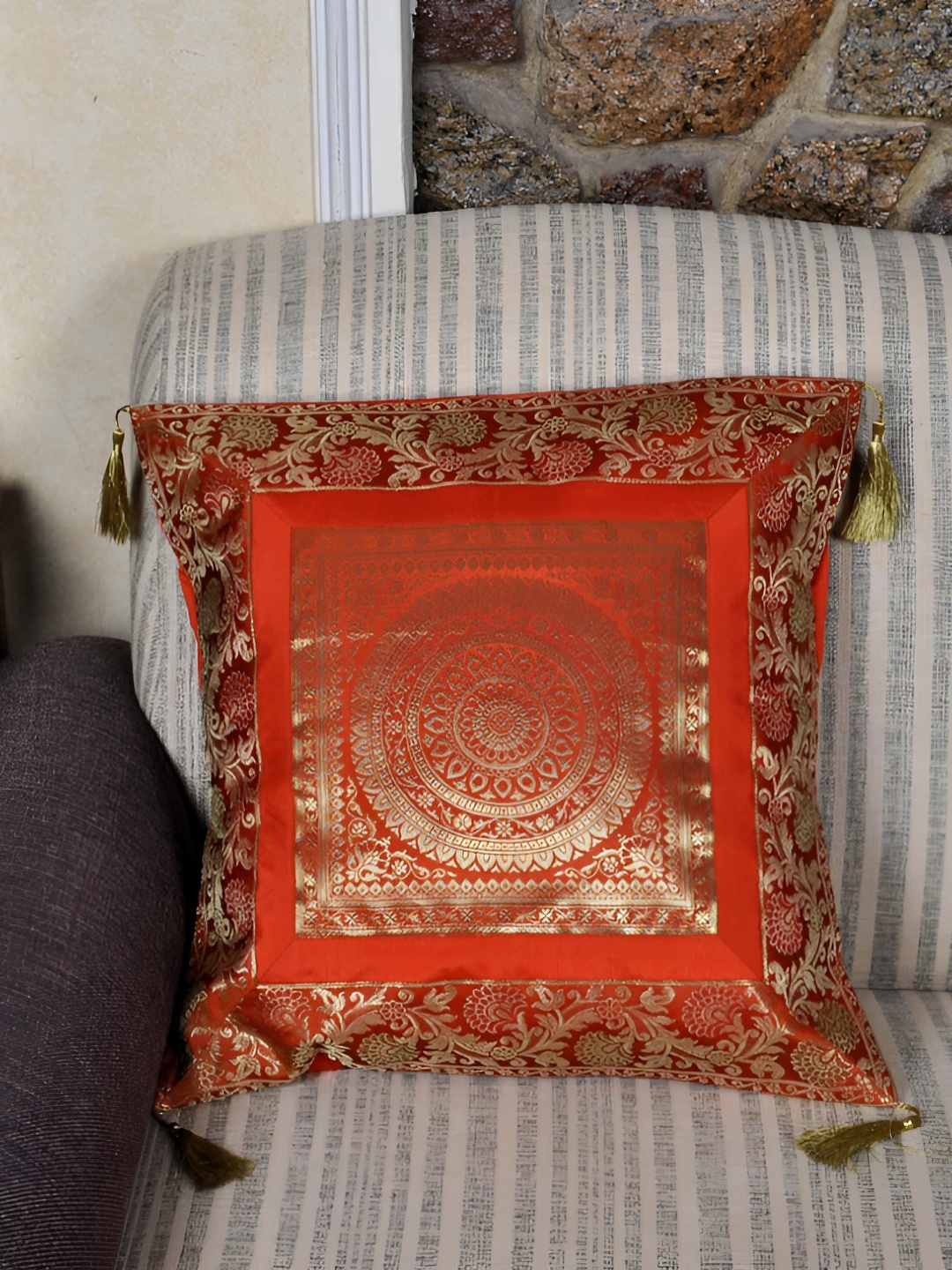 

Lal Haveli Orange Ethnic Motifs Silk Square Cushion Cover