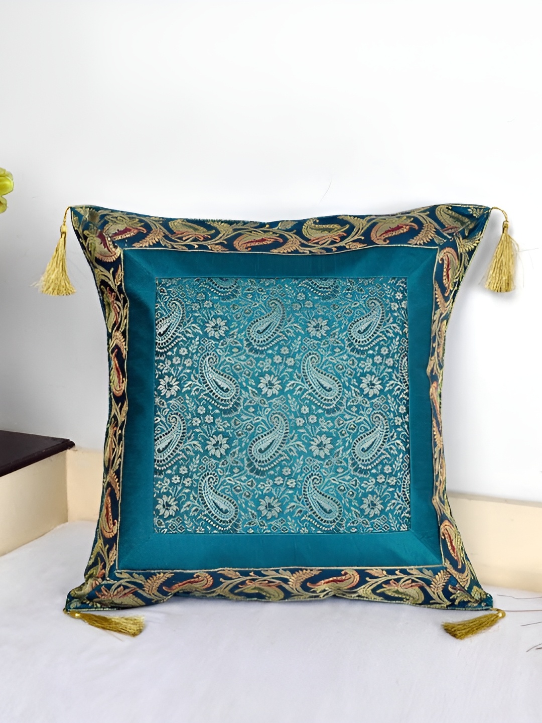 Lal Haveli Green Ethnic Motifs Silk Square Cushion Cover