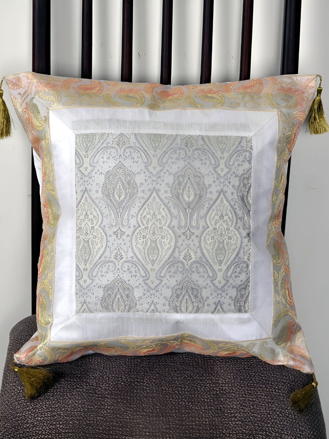 

Lal Haveli White Ethnic Motifs Silk Square Cushion Cover