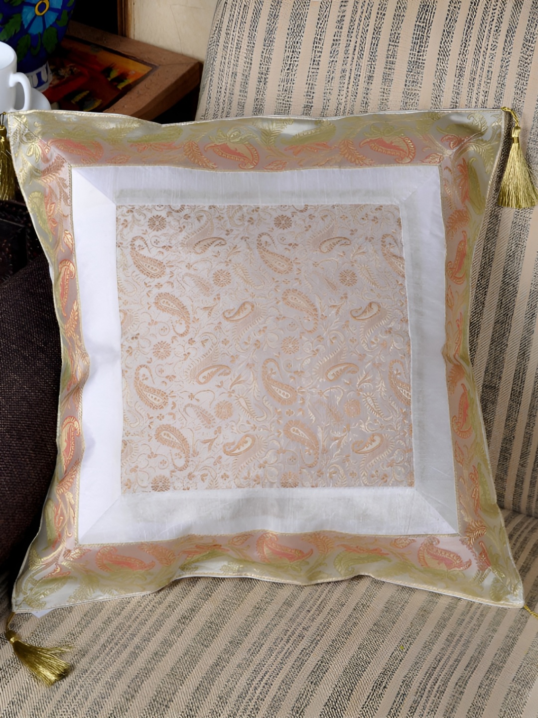 

Lal Haveli White Ethnic Motifs Silk Square Cushion Cover