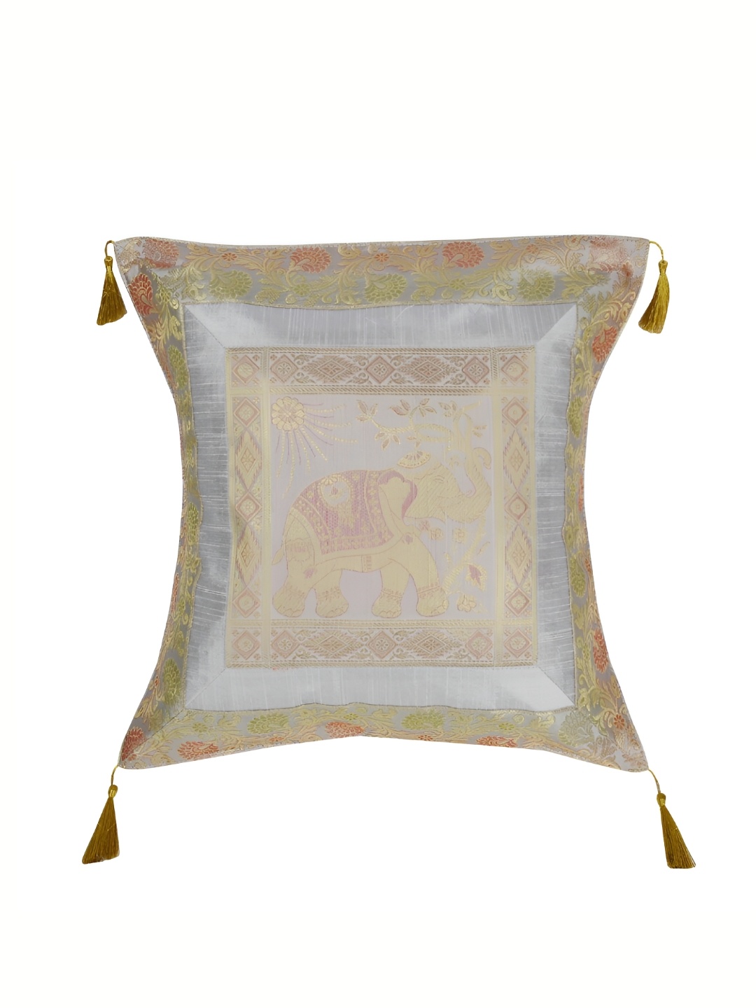 

Lal Haveli Grey Ethnic Motifs Silk Square Cushion Cover