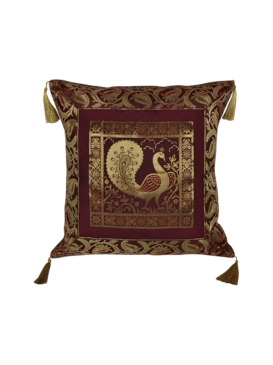 Lal Haveli Maroon & Gold Toned Ethnic Motifs Square Cushion Cover