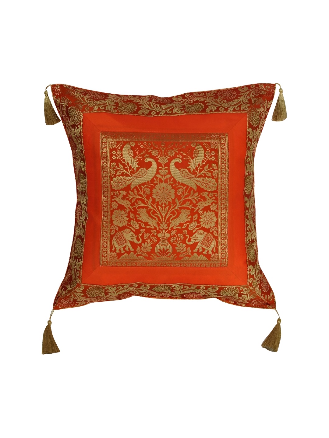 

Lal Haveli Orange Ethnic Motifs Silk Square Cushion Cover