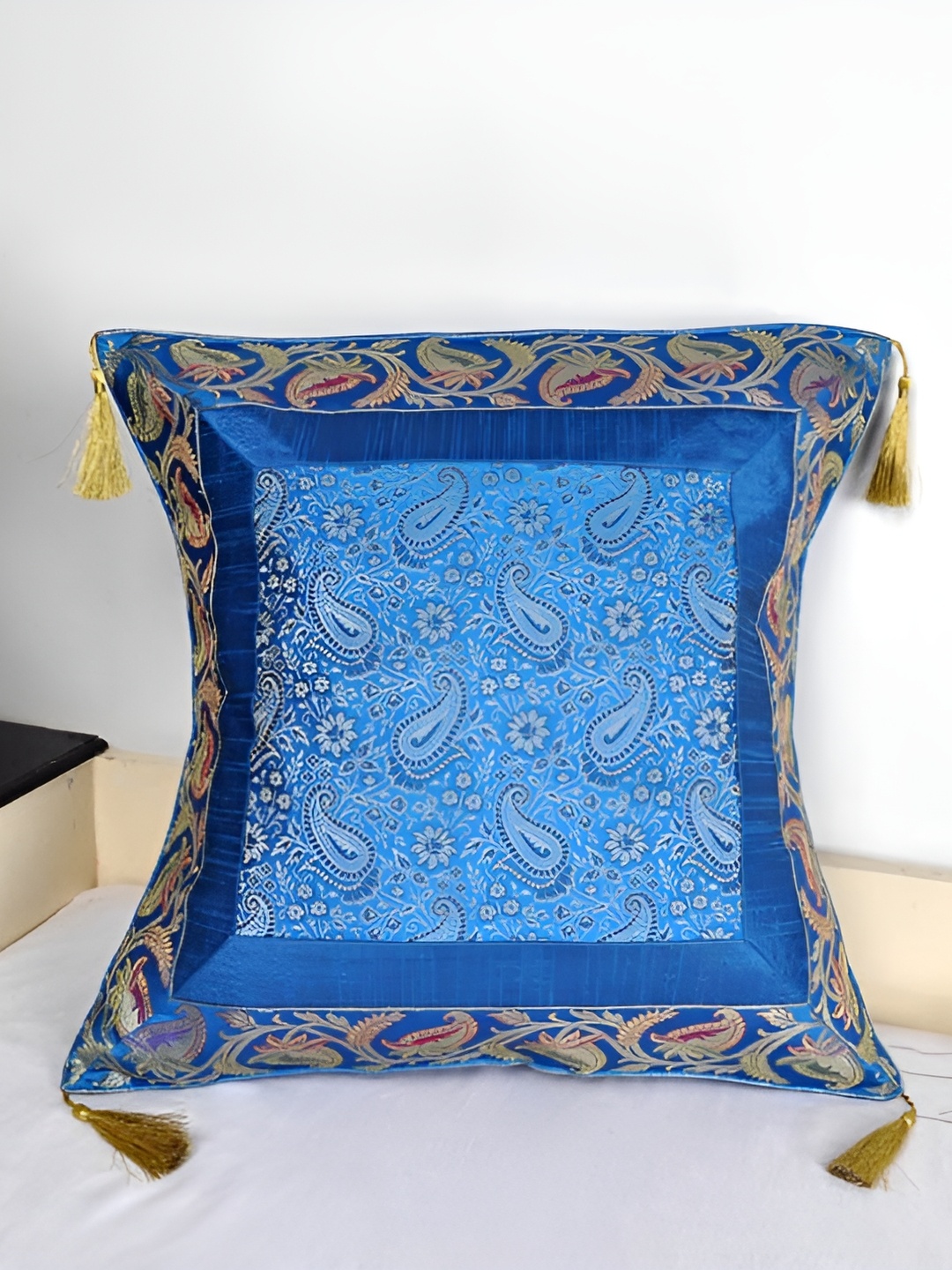 

Lal Haveli Turquoise Blue & Gold Toned Ethnic Motifs Square Cushion Cover