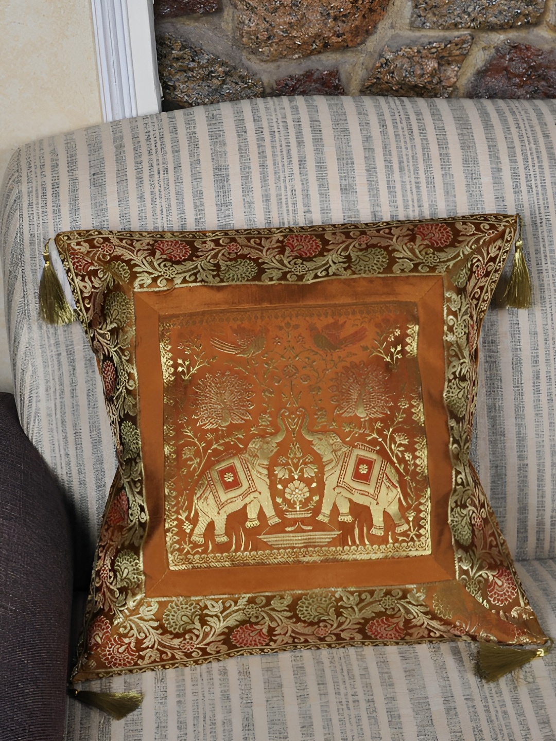 

Lal Haveli Gold Toned & Brown Ethnic Motifs Square Cushion Cover