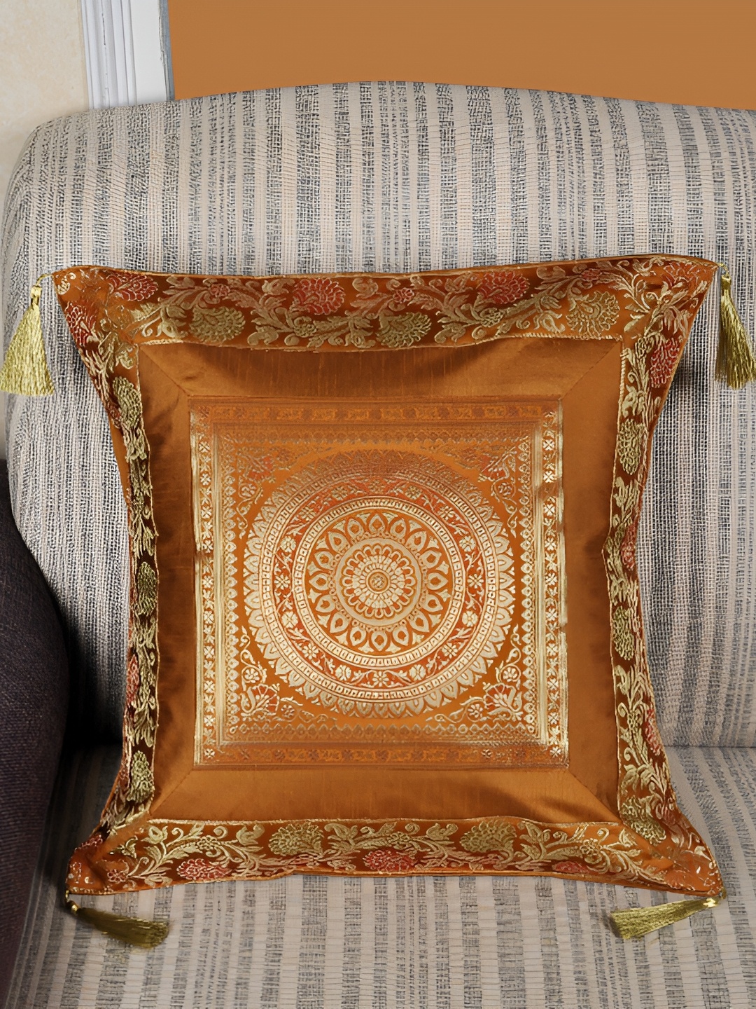 

Lal Haveli Gold Toned & Brown Ethnic Motifs Square Cushion Cover