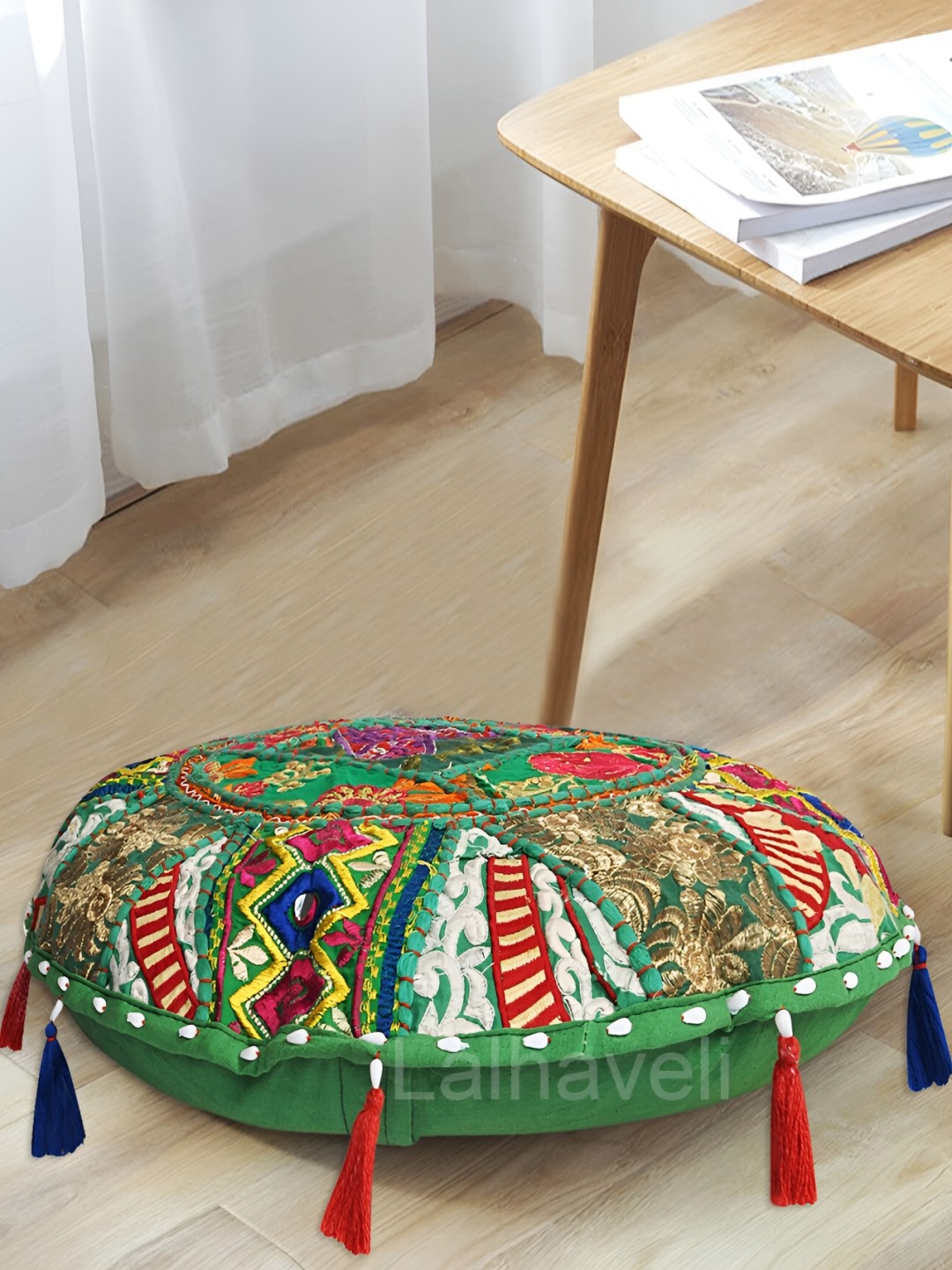 

Lal Haveli Green & Red Embroidered Round Cushion Cover