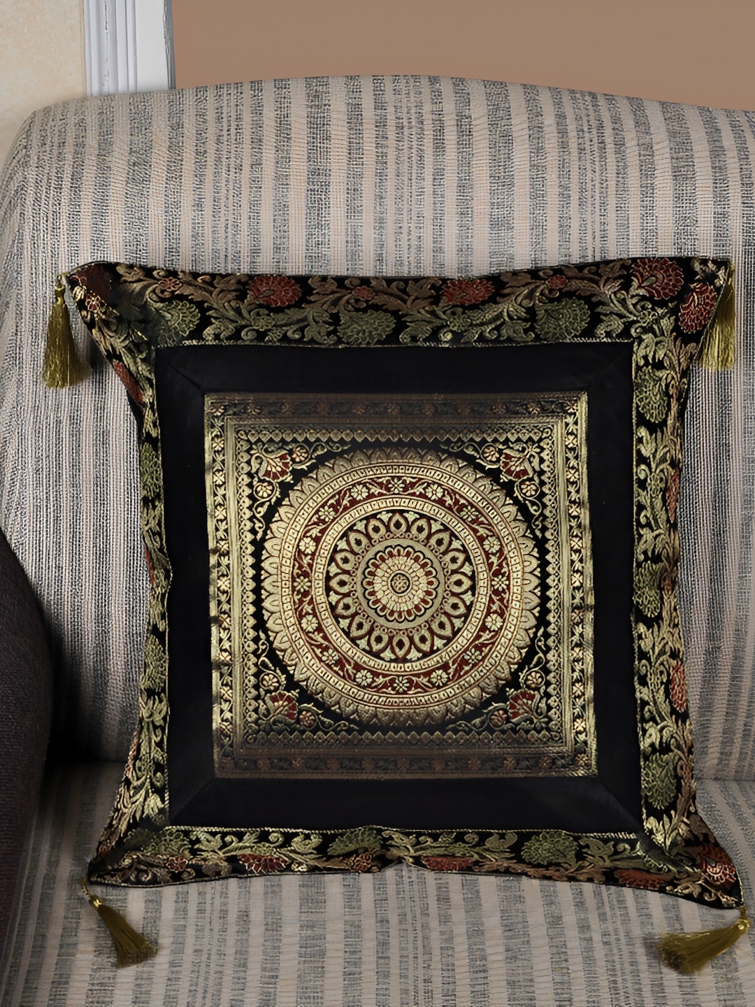 

Lal Haveli Black & Gold Toned Ethnic Motifs Square Cushion Cover