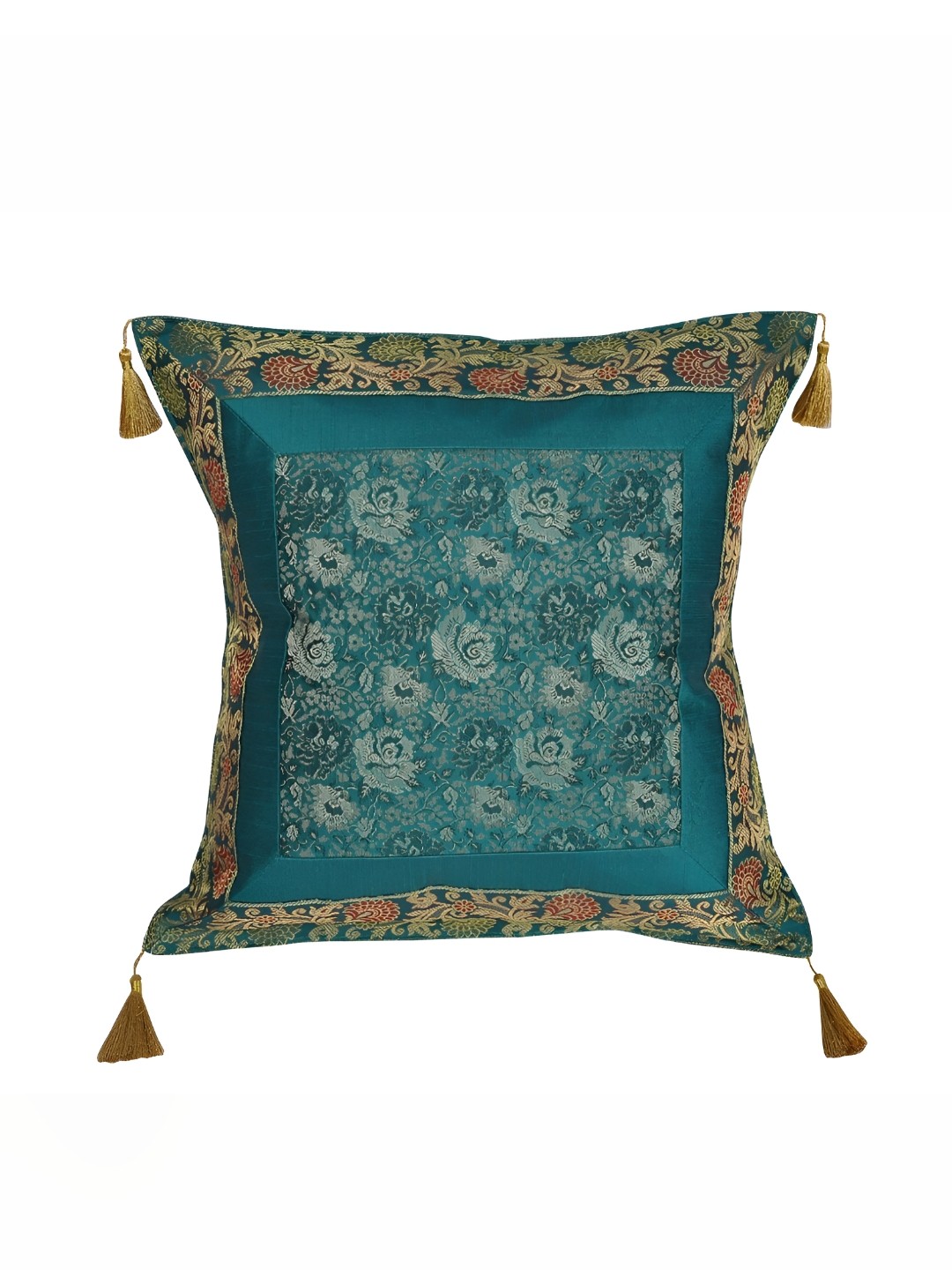 

Lal Haveli Green & Gold Toned Ethnic Motifs Square Cushion Cover