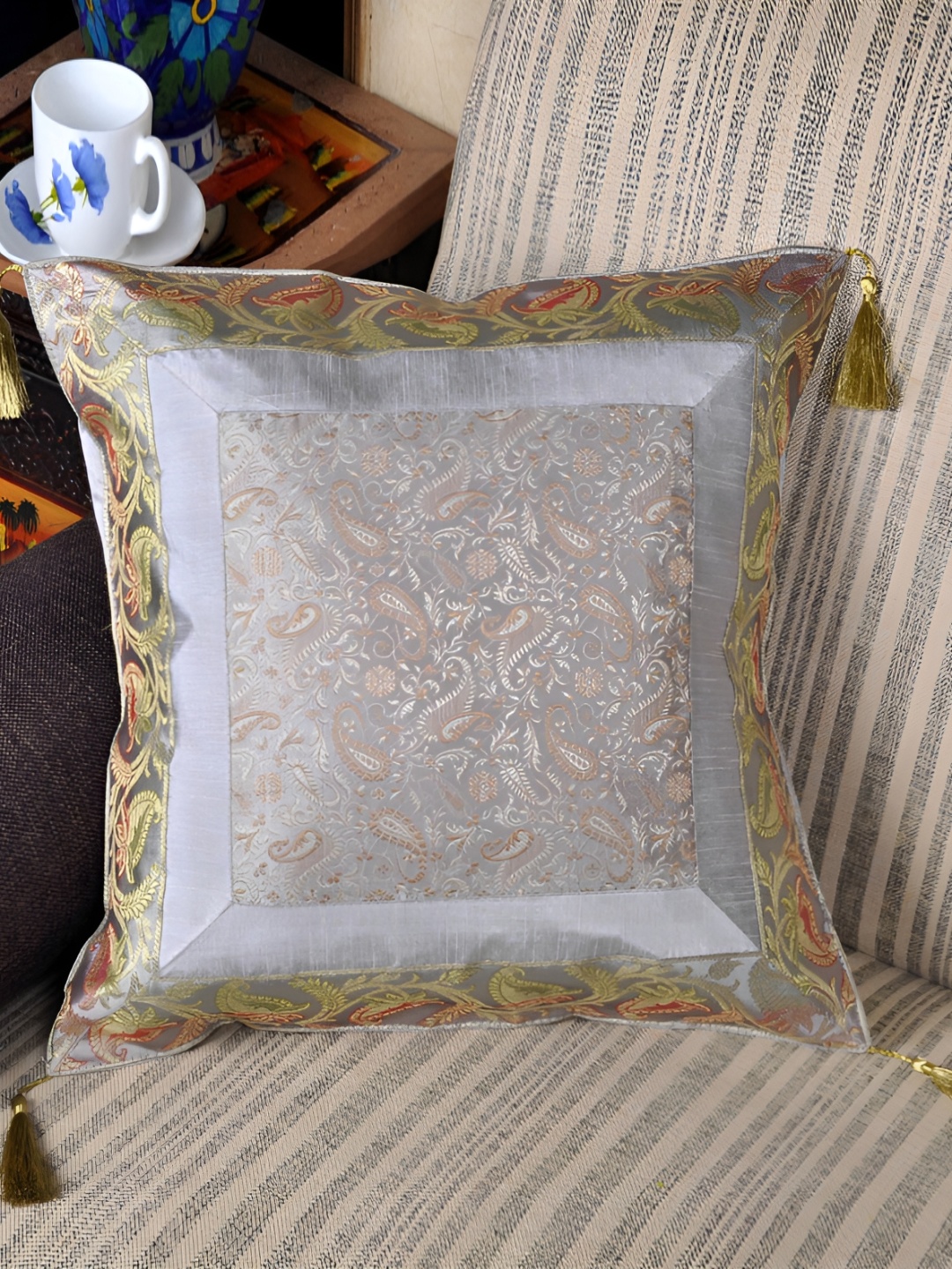 

Lal Haveli Grey Ethnic Motifs Silk Square Cushion Cover