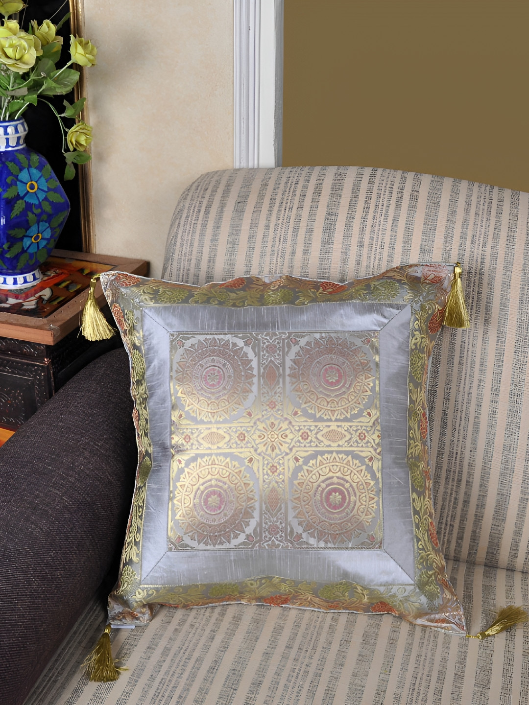 

Lal Haveli Grey & Gold Toned Ethnic Motifs Square Cushion Cover