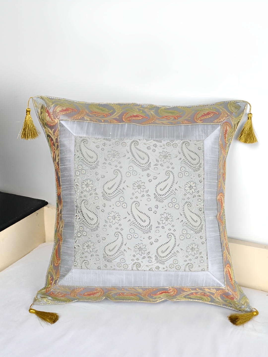 Lal Haveli Grey & Gold Toned Ethnic Motifs Square Cushion Cover