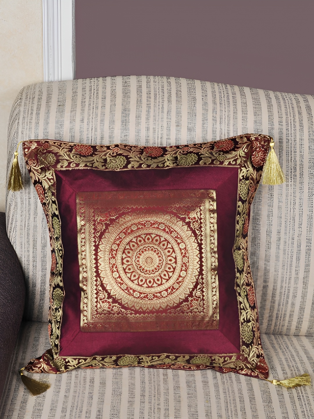 

Lal Haveli Maroon & Gold Toned Ethnic Motifs Square Cushion Cover