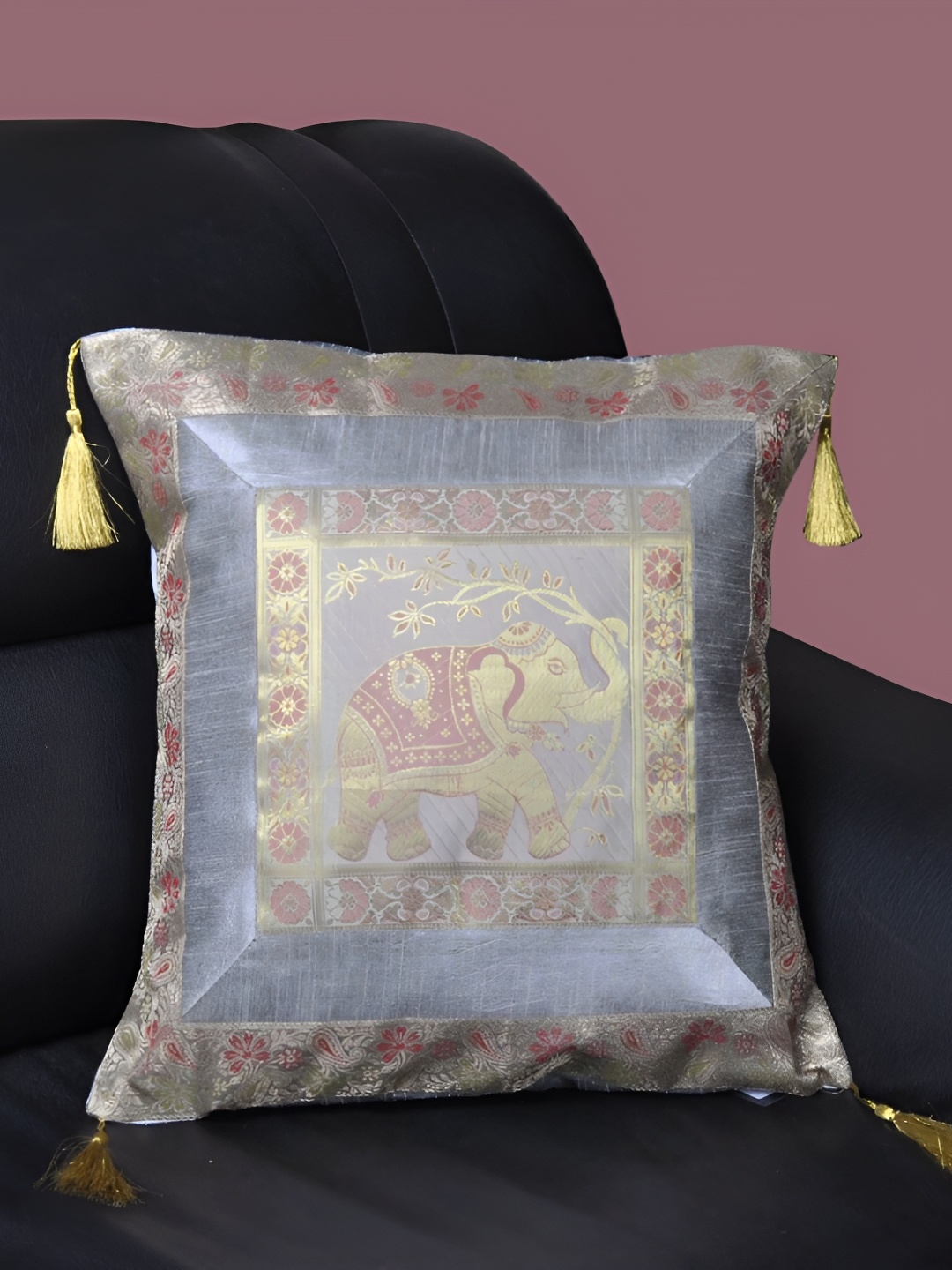 

Lal Haveli Grey & Gold Toned Ethnic Motifs Square Cushion Cover