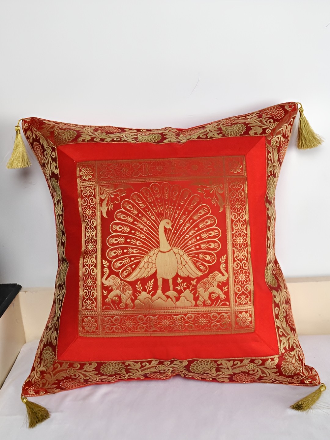 

Lal Haveli Red & Gold Toned Ethnic Motifs Square Cushion Cover