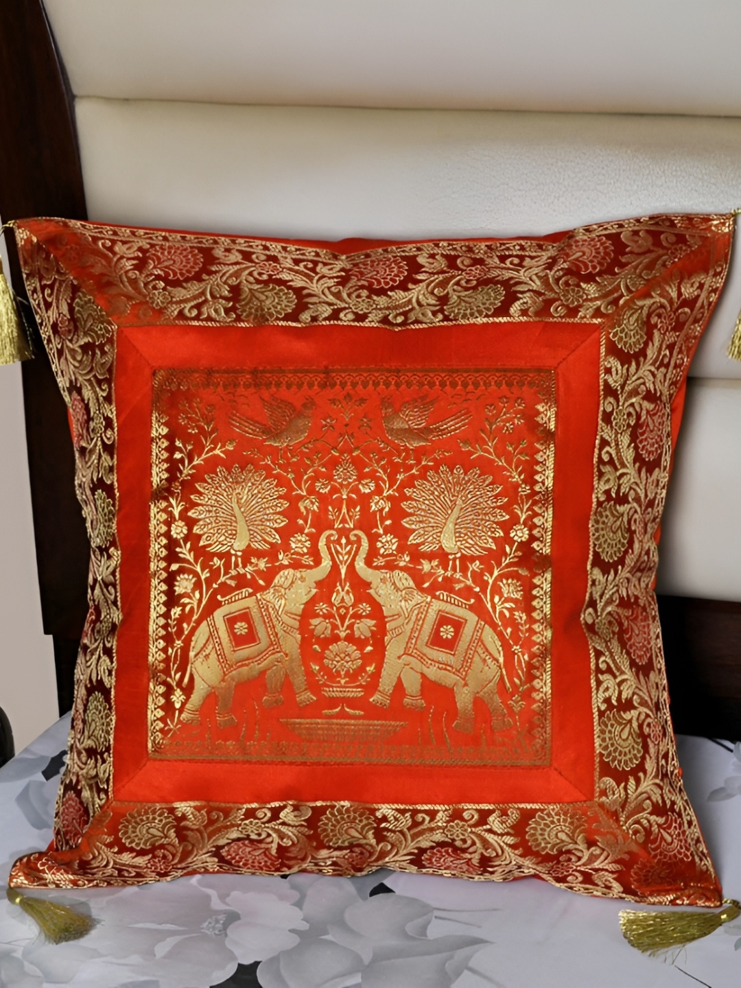 Lal Haveli Orange & Gold Toned Ethnic Motifs Square Cushion Cover