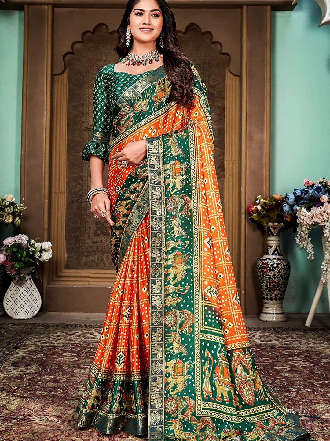

KALINI Bandhani Printed Silk Cotton Banarasi Saree, Orange