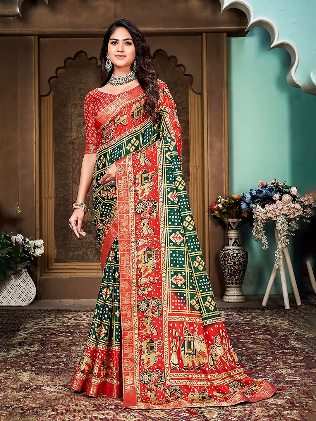 

KALINI Silk Ethnic Motif Printed Saree, Green