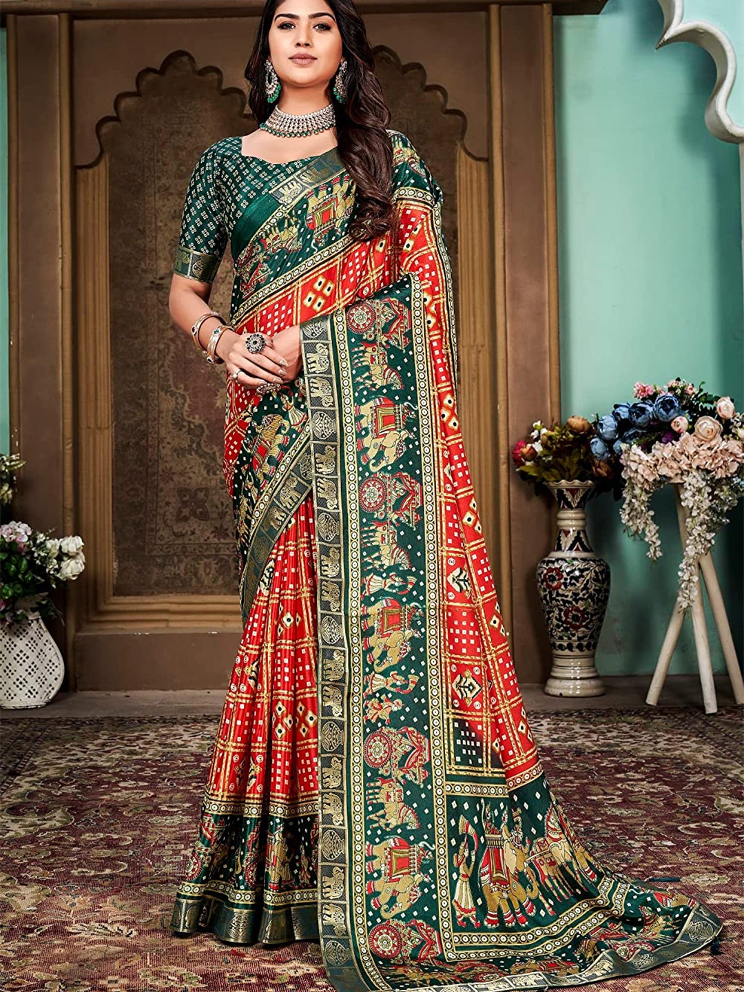 

KALINI Bandhani Printed Silk Cotton Banarasi Saree, Red