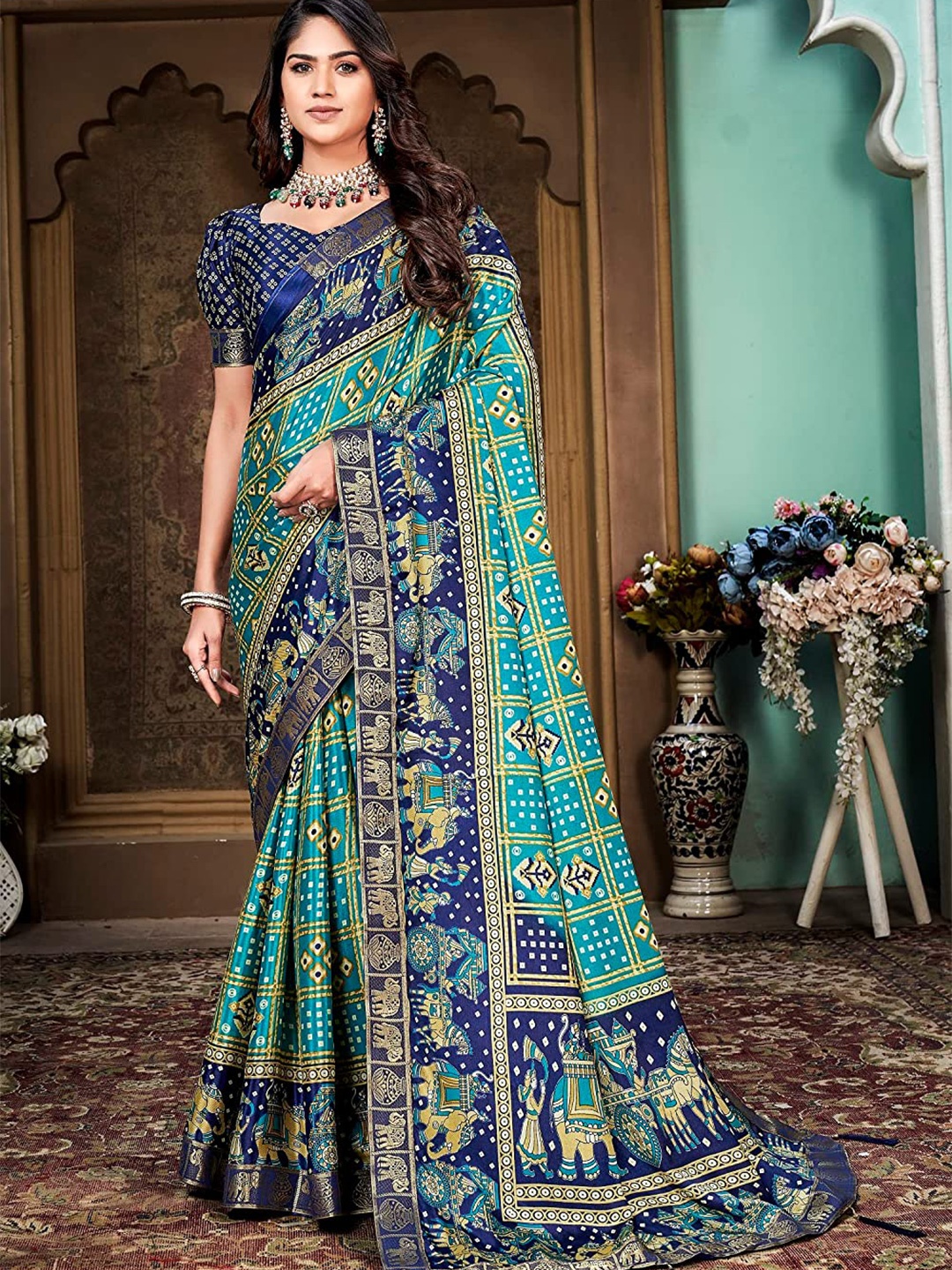 

KALINI Bandhani Printed Zari Silk Cotton Banarasi Saree, Turquoise blue