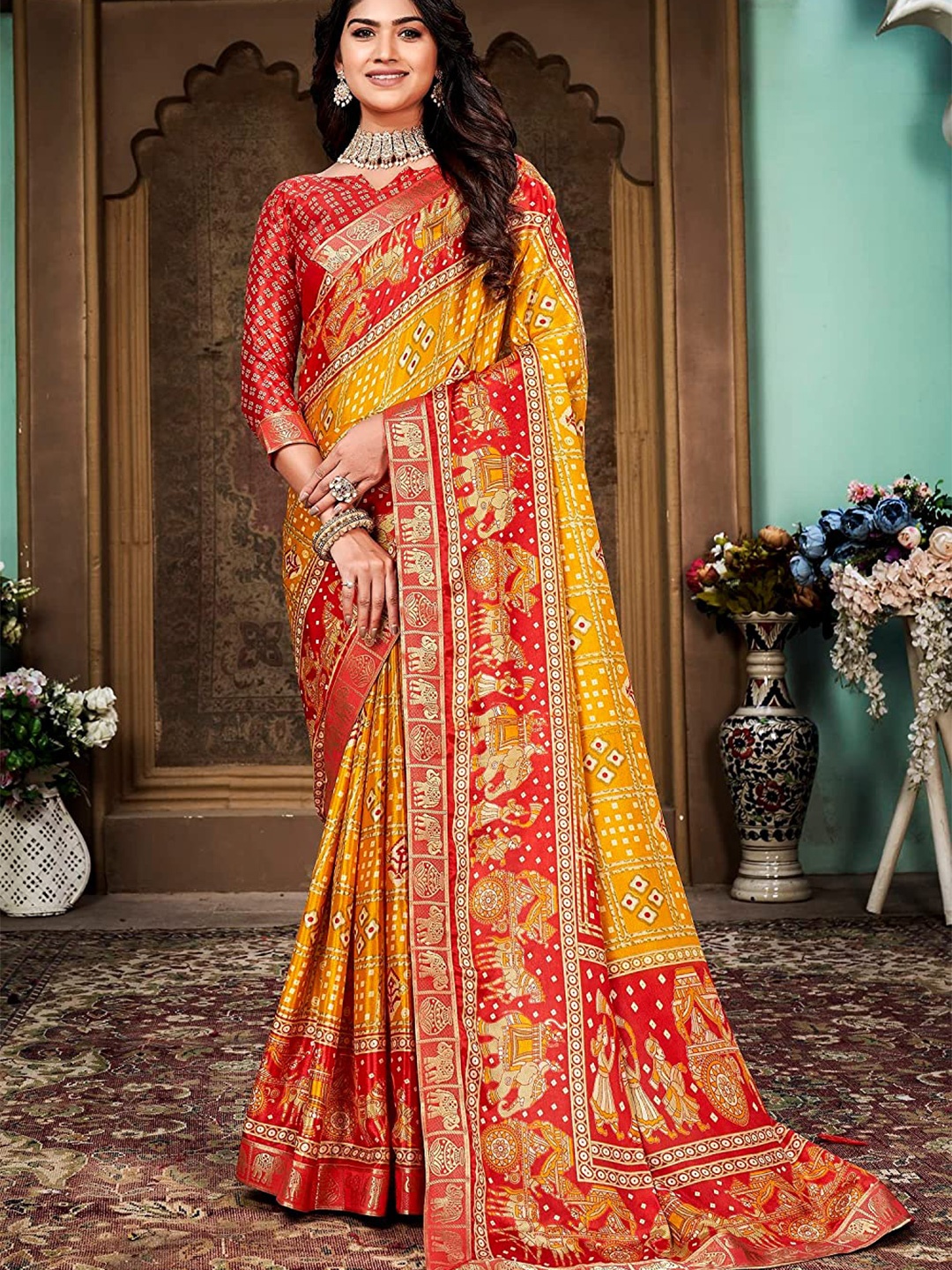 

KALINI Bandhani Printed Zari Silk Cotton Banarasi Saree, Yellow
