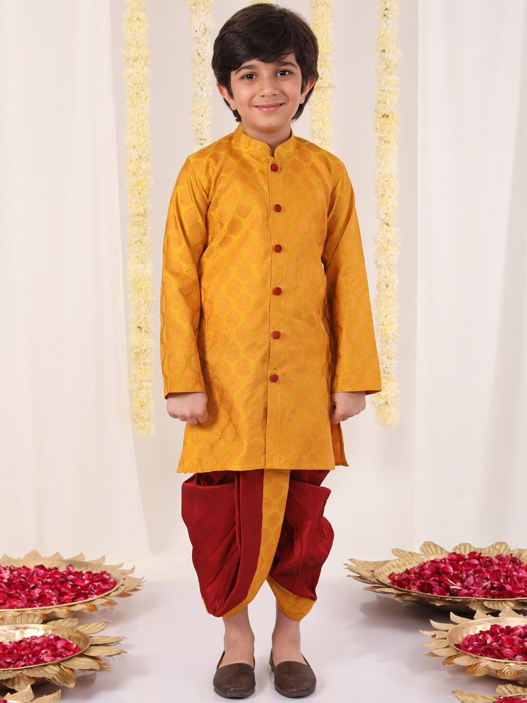 VASTRAMAY Boys Ethnic Motifs Woven Design Regular Kurta with Dhoti Pants, Yellow