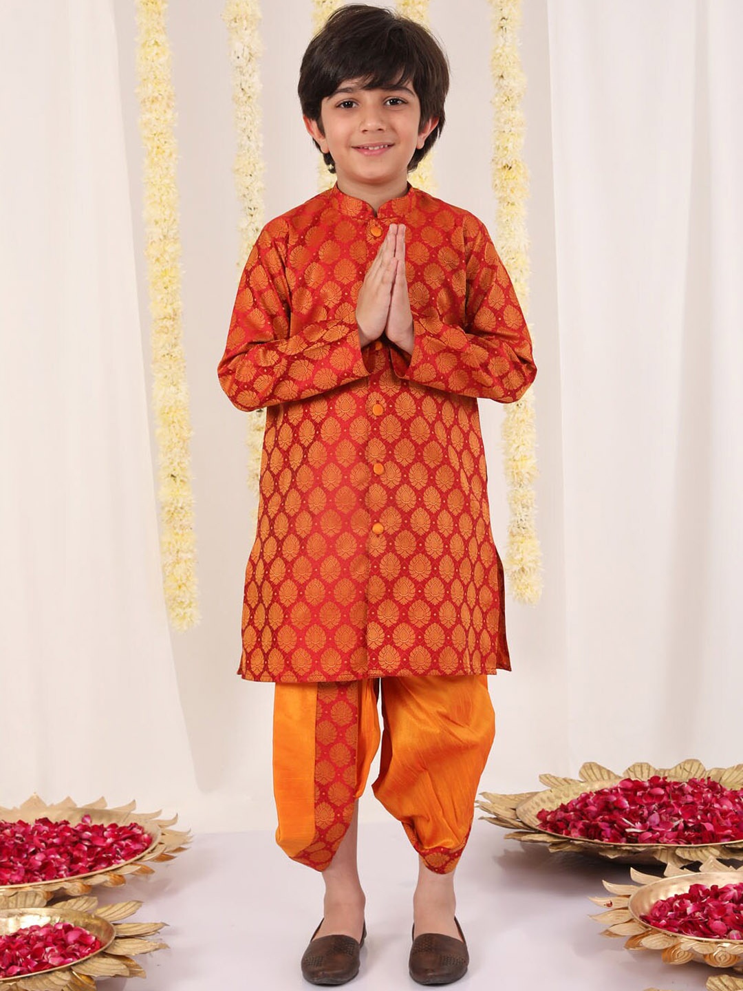 

VASTRAMAY Boys Woven Design Kurta with Dhoti Pants, Red