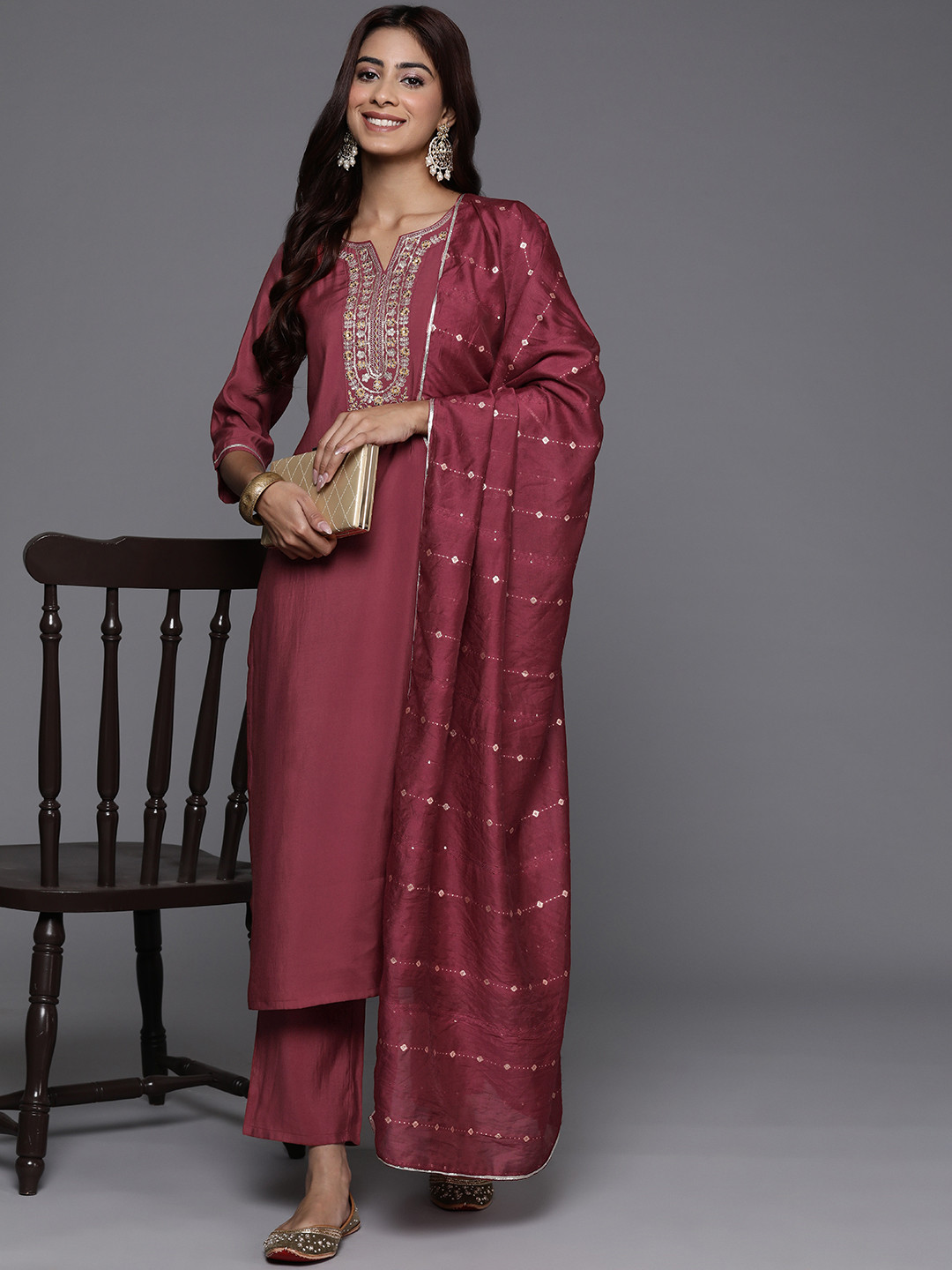 

Libas Floral Yoke Design Sequinned Kurta with Trousers & Dupatta, Mauve
