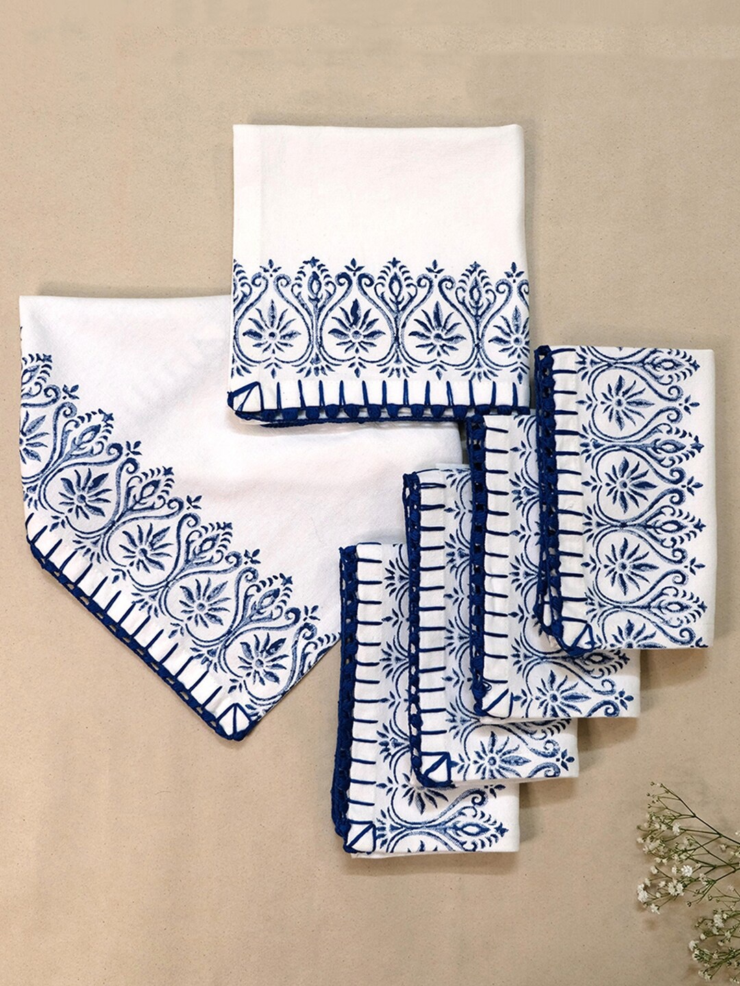 DESIGN GAATHA Off White & Blue 6 Pieces Printed Cotton Table Napkins
