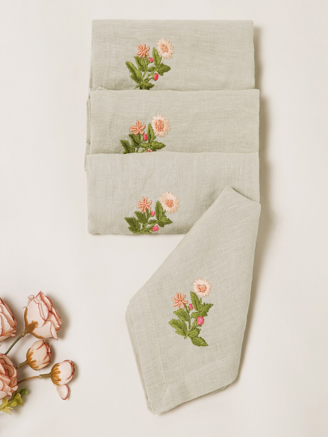 DESIGN GAATHA Grey & Pink 4 Pieces Embroidered Pure Linen Table Napkins