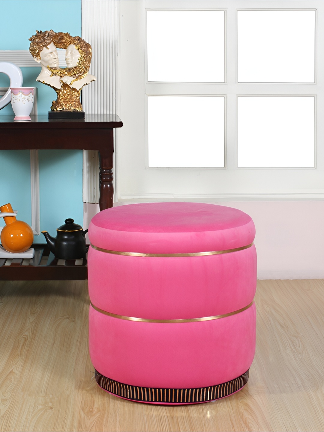 Shadowkart Pink & Beige Round Wooden Ottomans