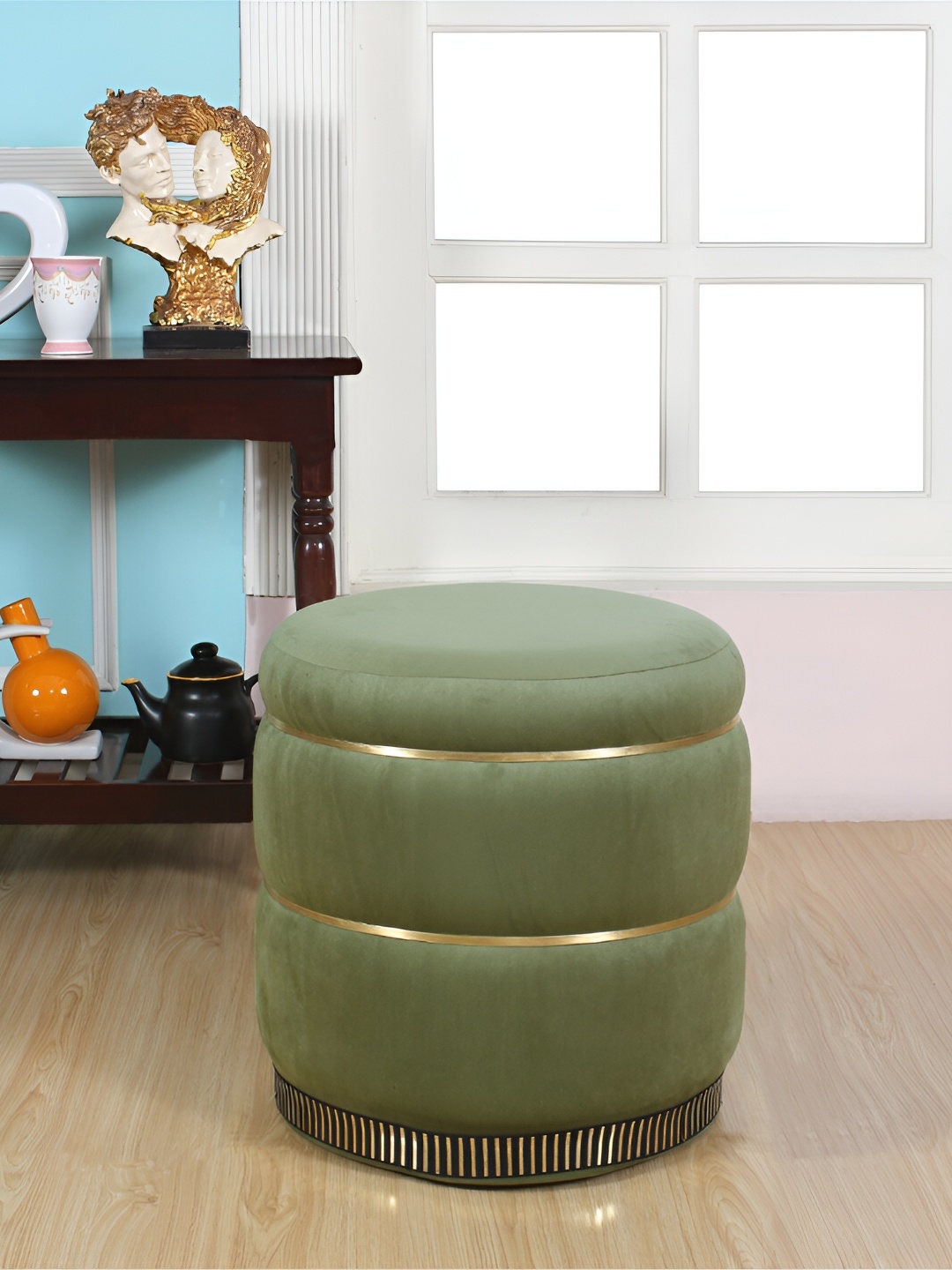 Shadowkart Green & Beige Round Wooden Ottomans
