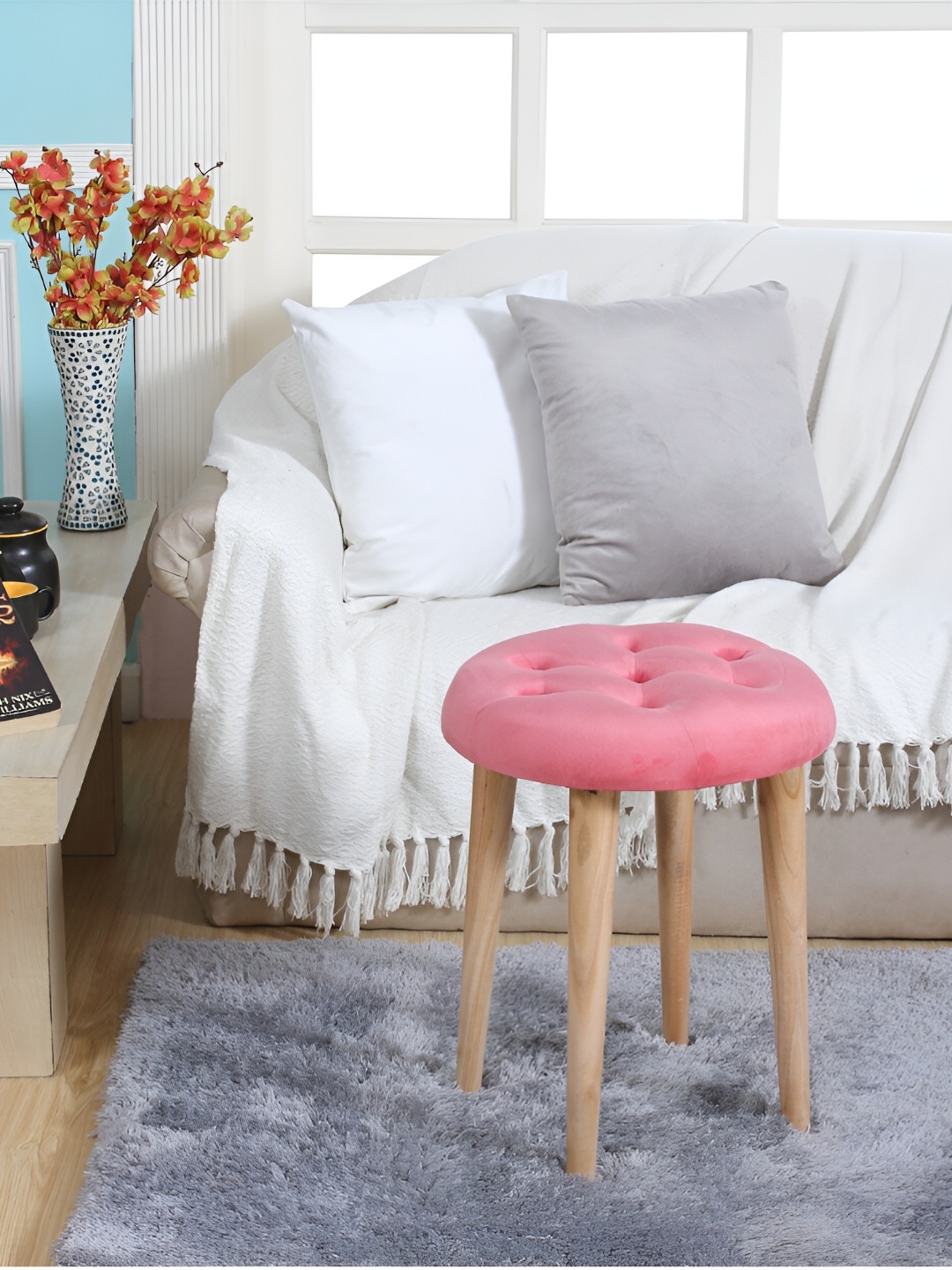 Shadowkart Pink & Beige Round Wooden Ottomans