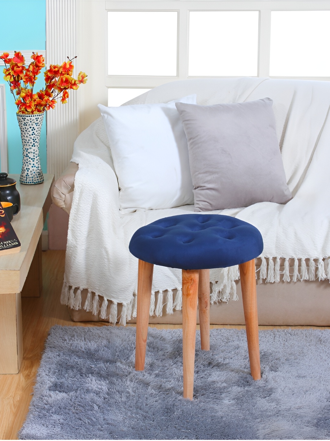 

Shadowkart Blue & Beige Round Wooden Ottomans