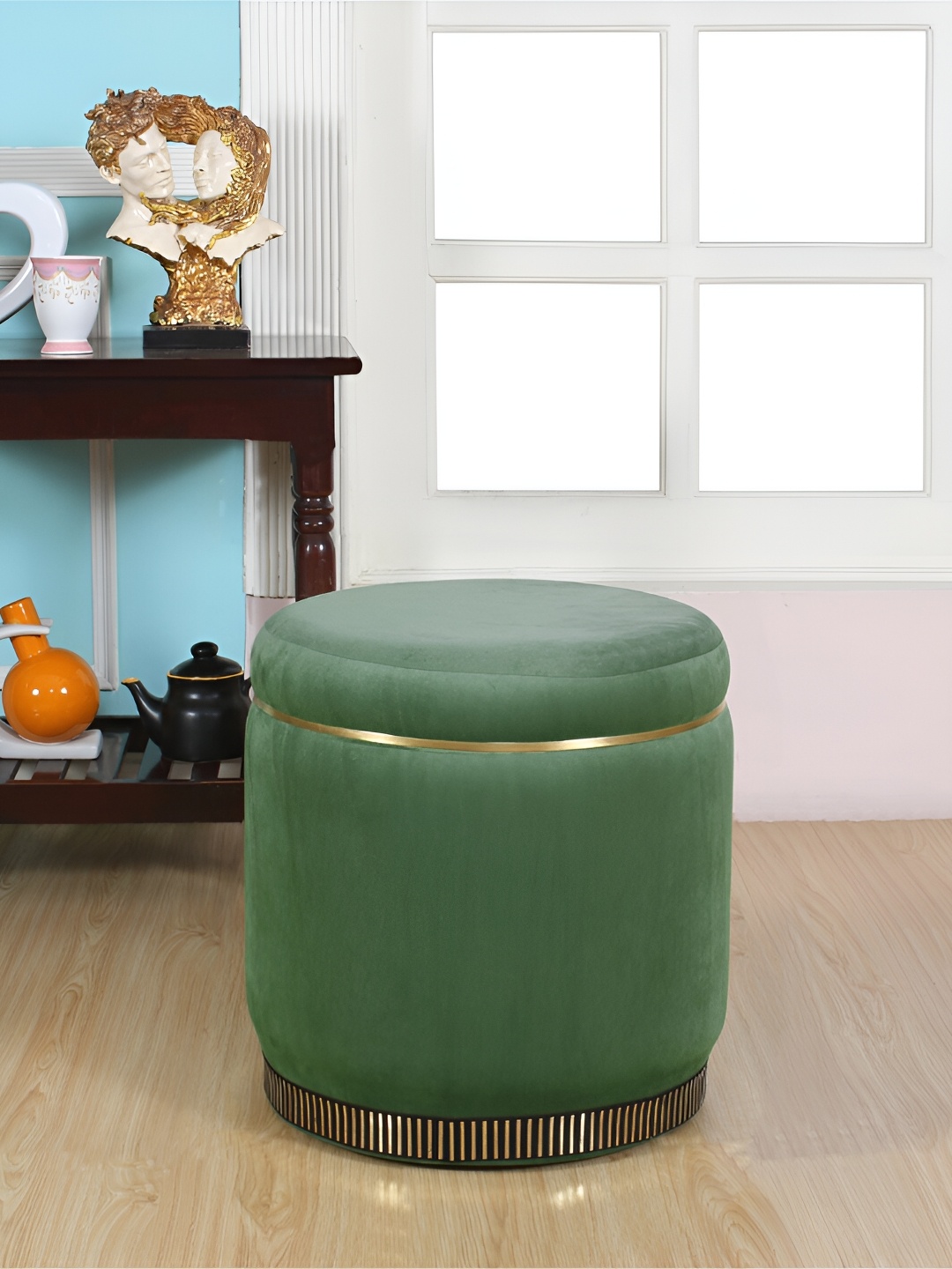 Shadowkart Green & Beige Round Wooden Ottomans