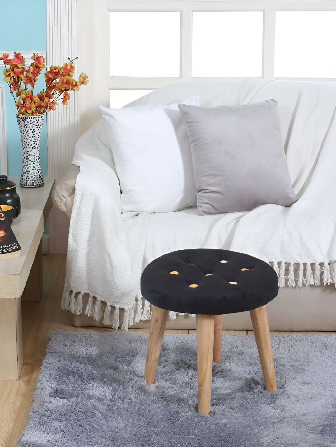 Shadowkart Black & Beige Round Wooden Ottomans
