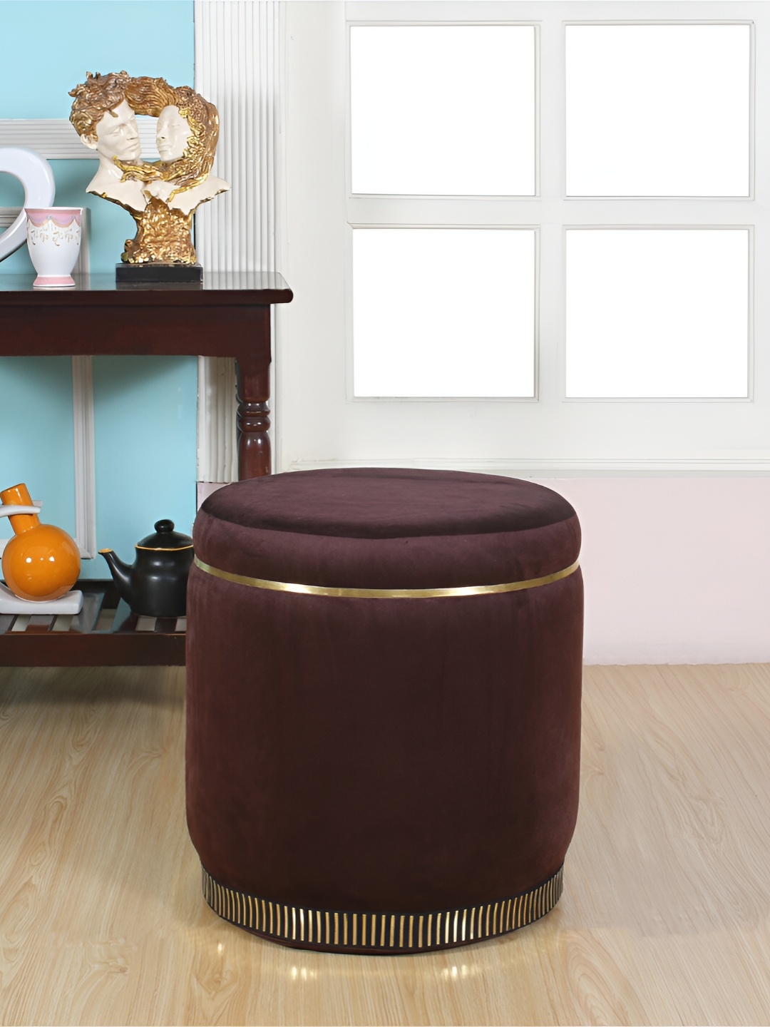 Shadowkart Coffee Brown Round Wooden Ottomans