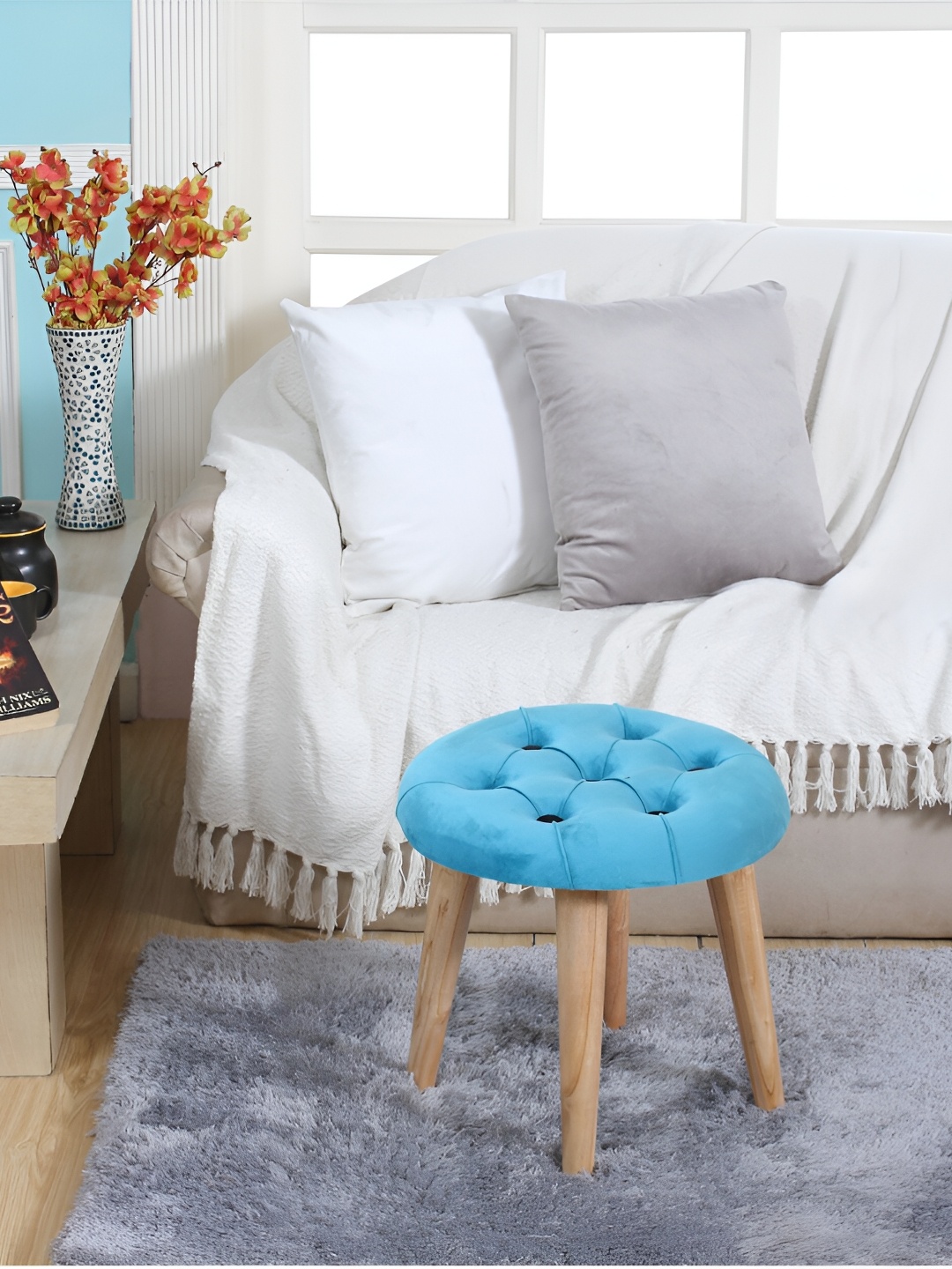 

Shadowkart Blue & Beige Velvet Round Ottomans