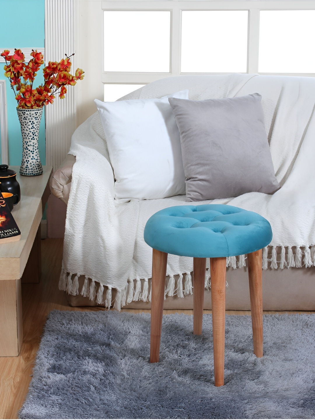 

Shadowkart Blue & Beige Round Wooden Ottomans