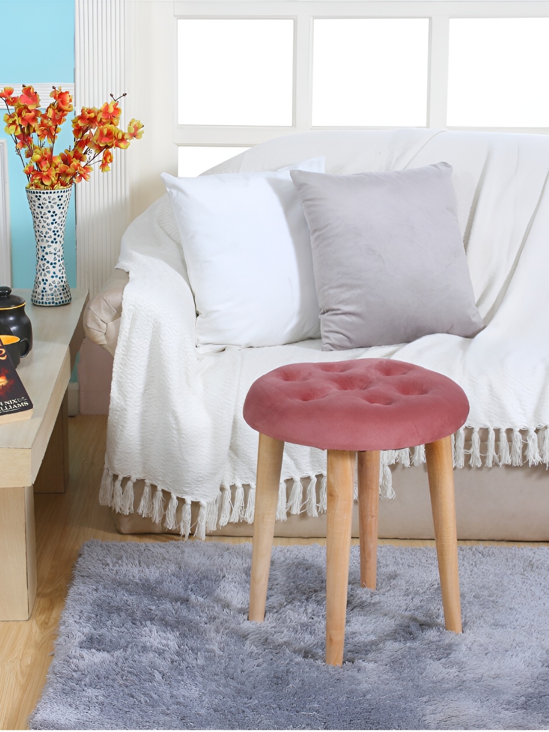 Shadowkart Pink & Beige Round Wooden Ottomans