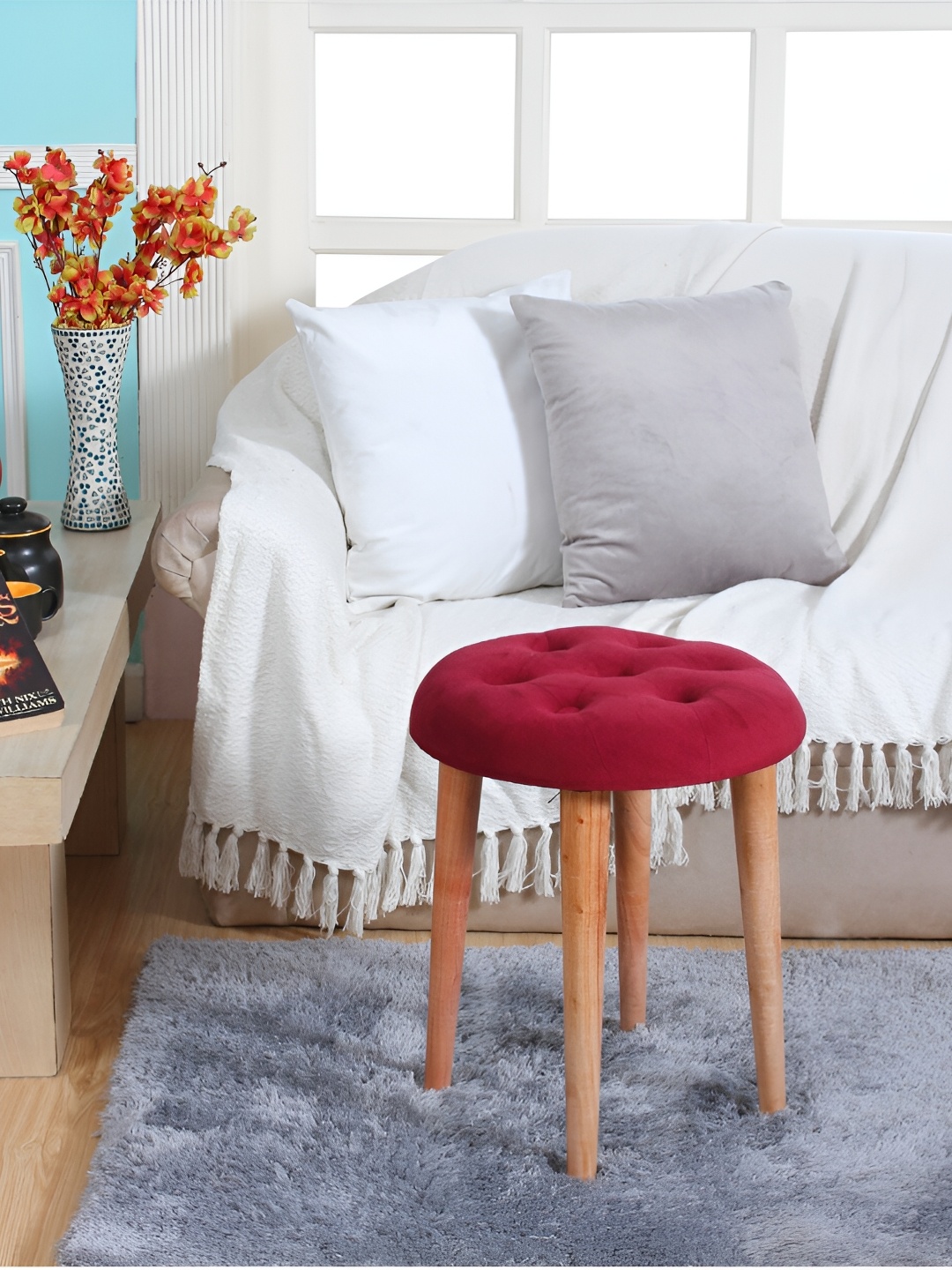 

Shadowkart Maroon-Coloured & Beige Round Wooden Ottomans