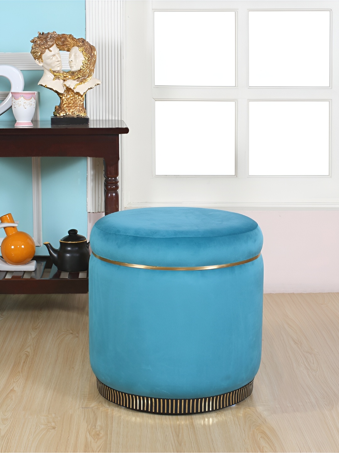 Shadowkart Blue & Beige Round Wooden Ottomans