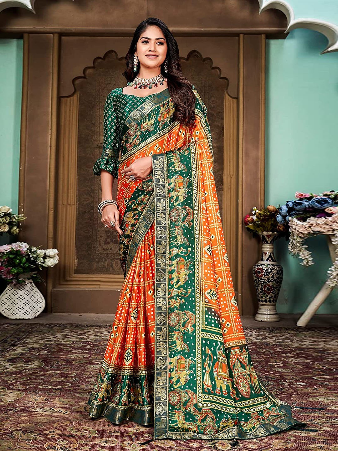 

Mitera Orange Bandhani Printed Silk Cotton Banarasi Saree