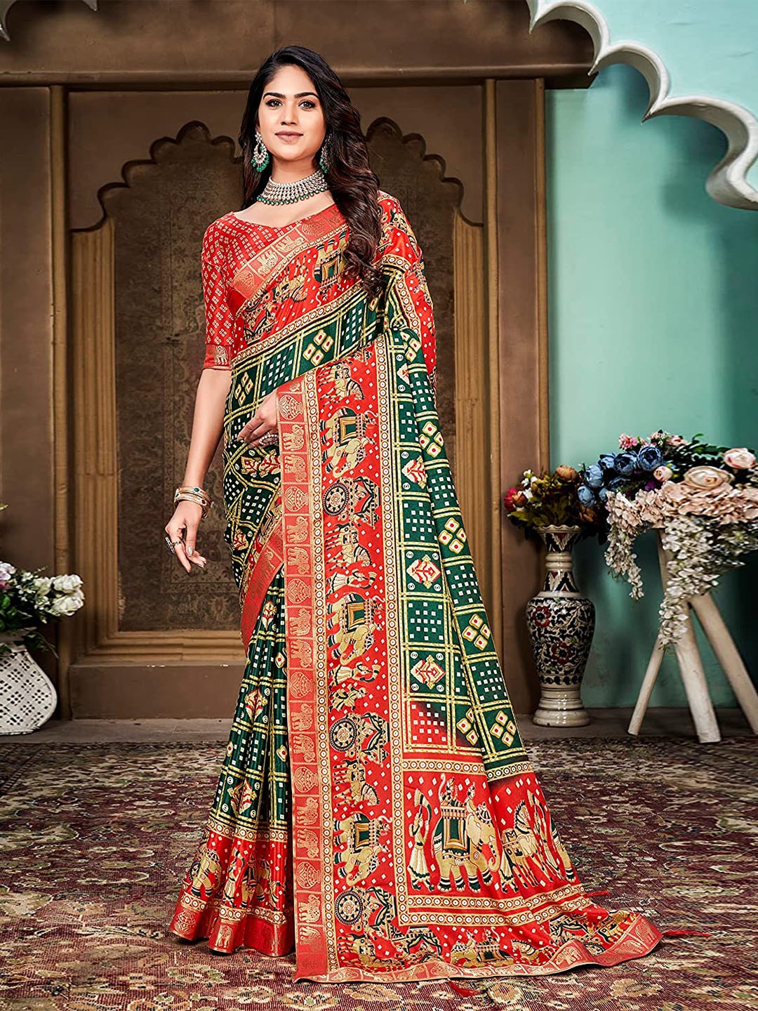 

Mitera Green Ethnic Motifs Printed Zari Silk Cotton Banarasi Saree