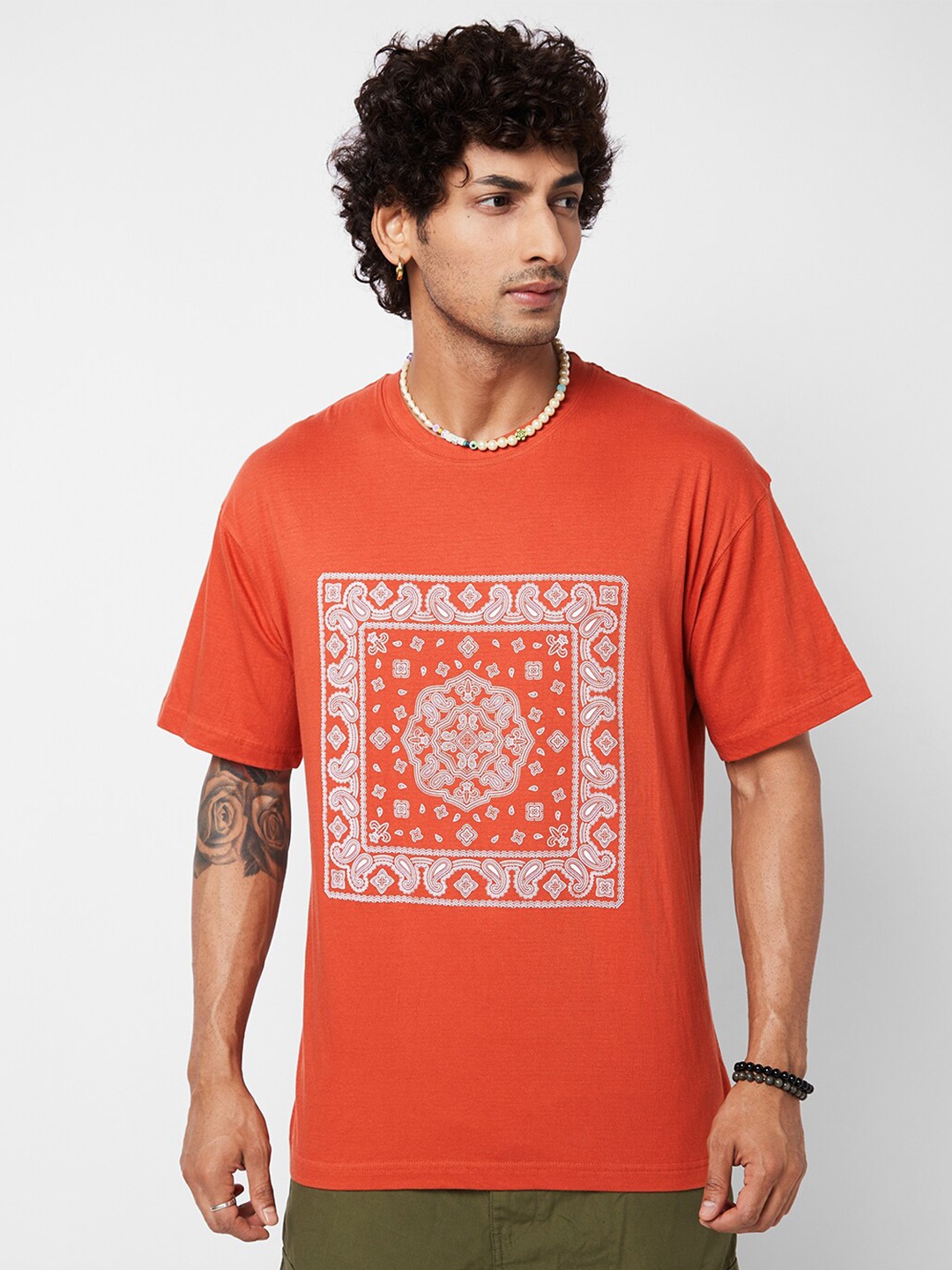 

VASTRADO Paisley Printed Drop-Shoulder Cotton Oversized T-shirt, Coral